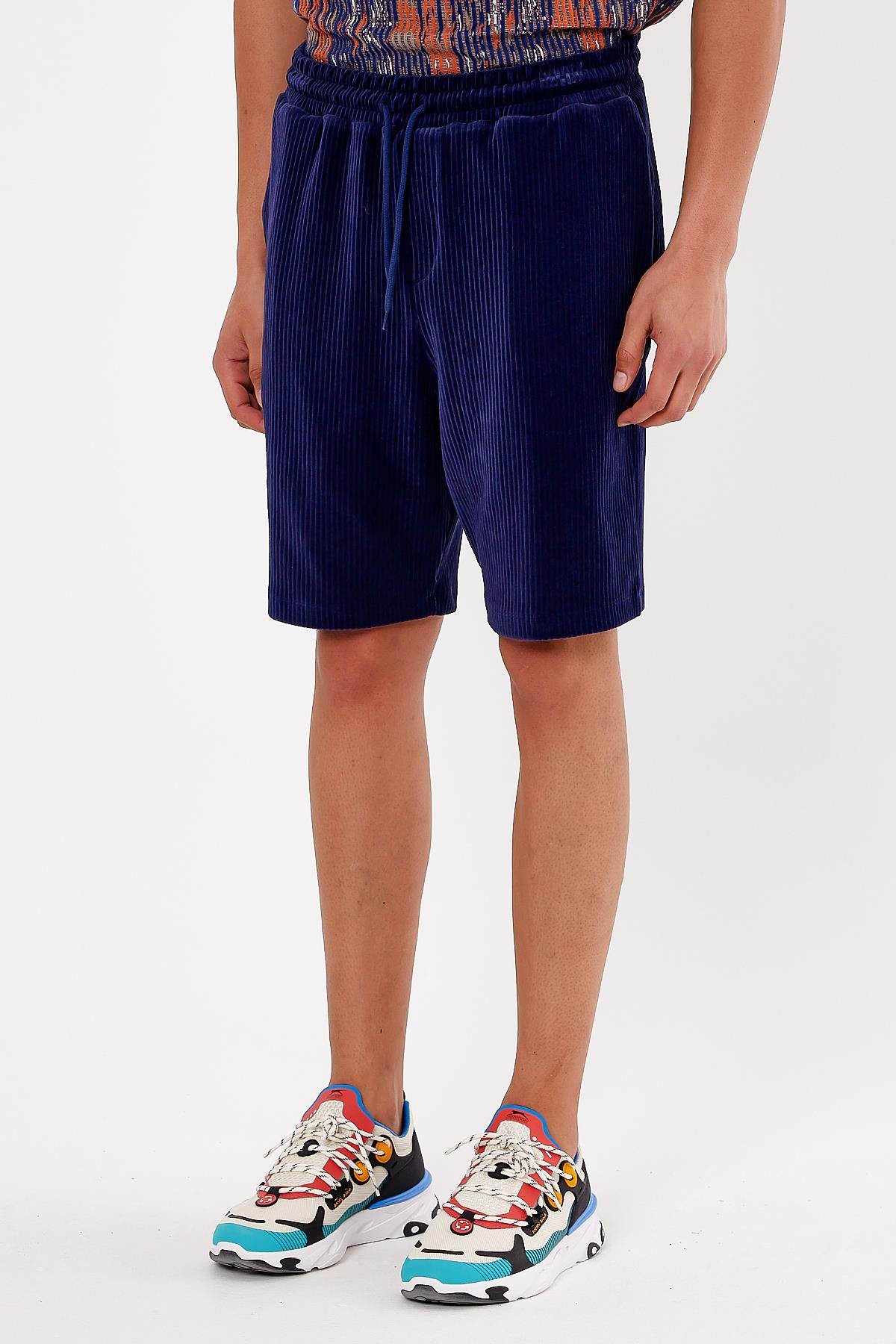 Lacivert Fitilli Kadife Erkek Şort