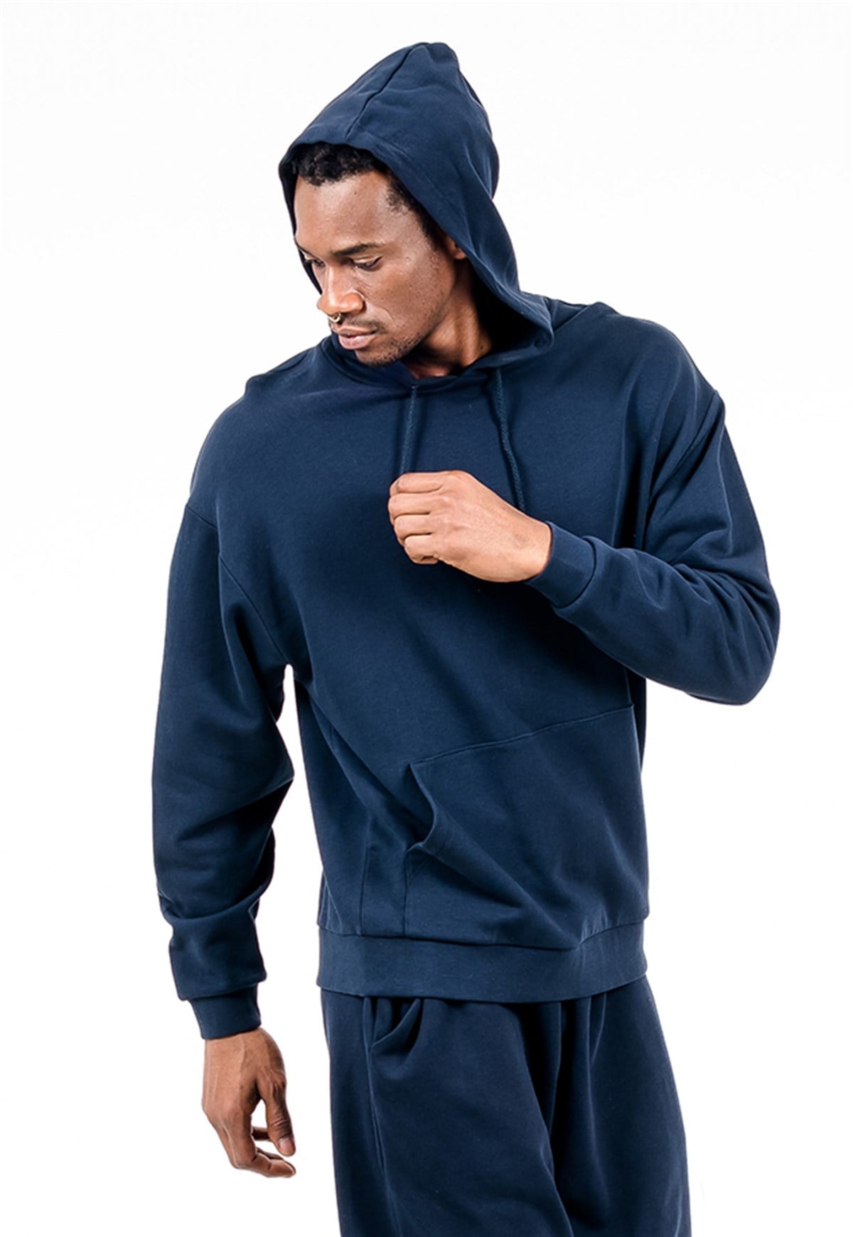 Lacivert Önü Cepli Kapüşonlu Oversize Erkek Sweatshirt