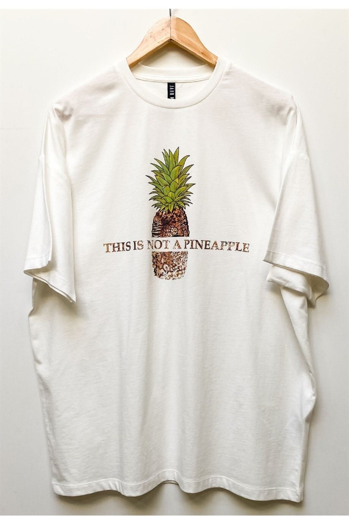 Leopar Ananas Baskılı Oversize Beyaz Elbise T-shirt