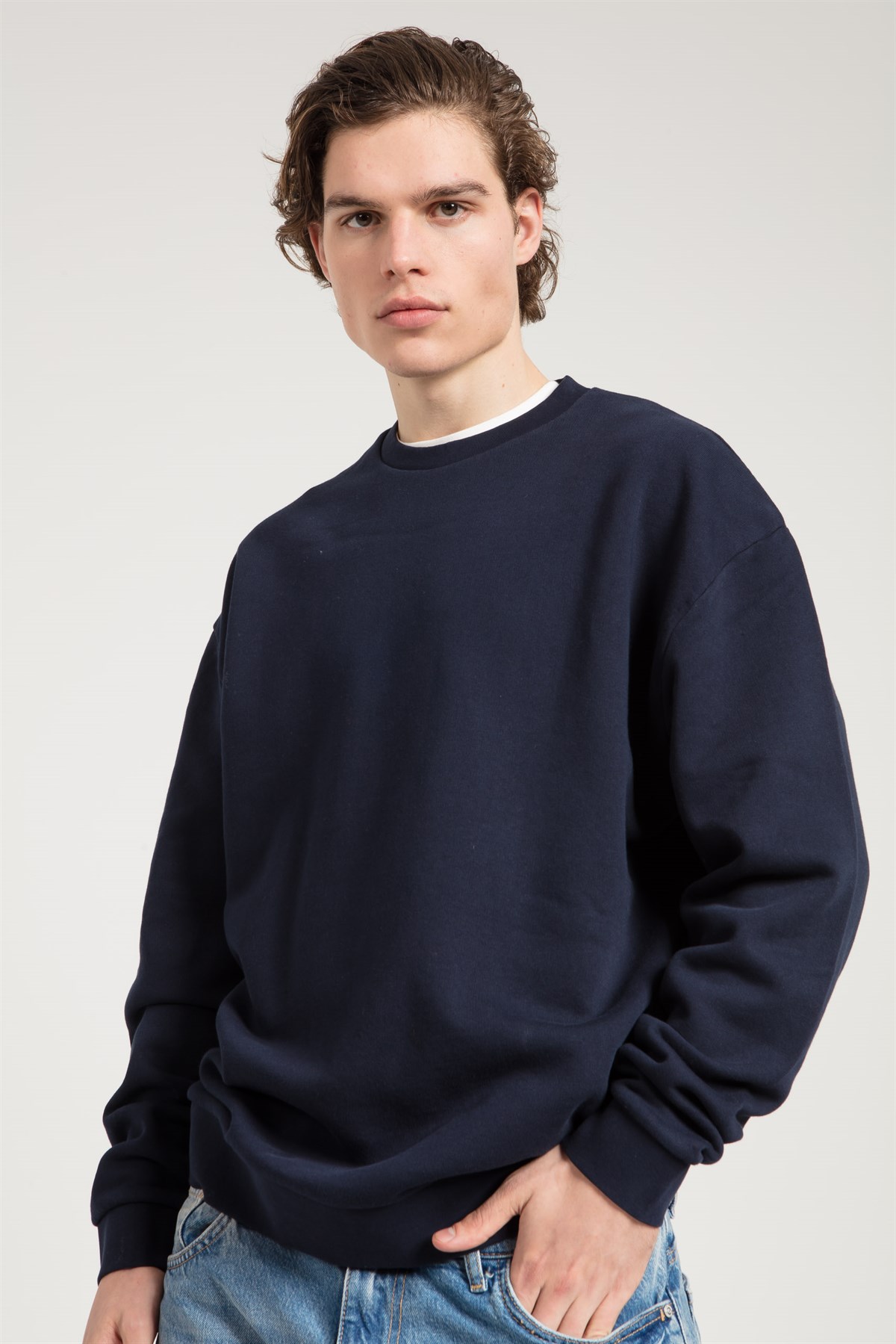 Oversize Asit Yıkamalı Lacivert Erkek Sweatshirt