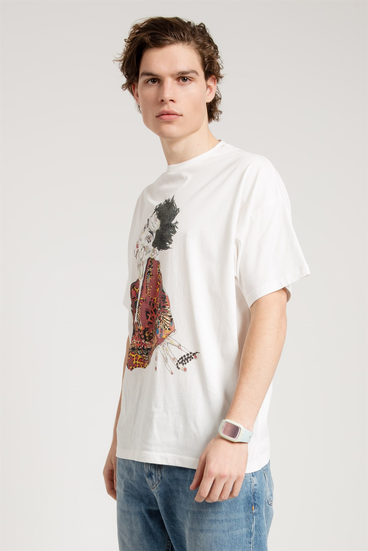 Özel Tasarım Egon Schiele Baskılı Oversize Beyaz T-shirt