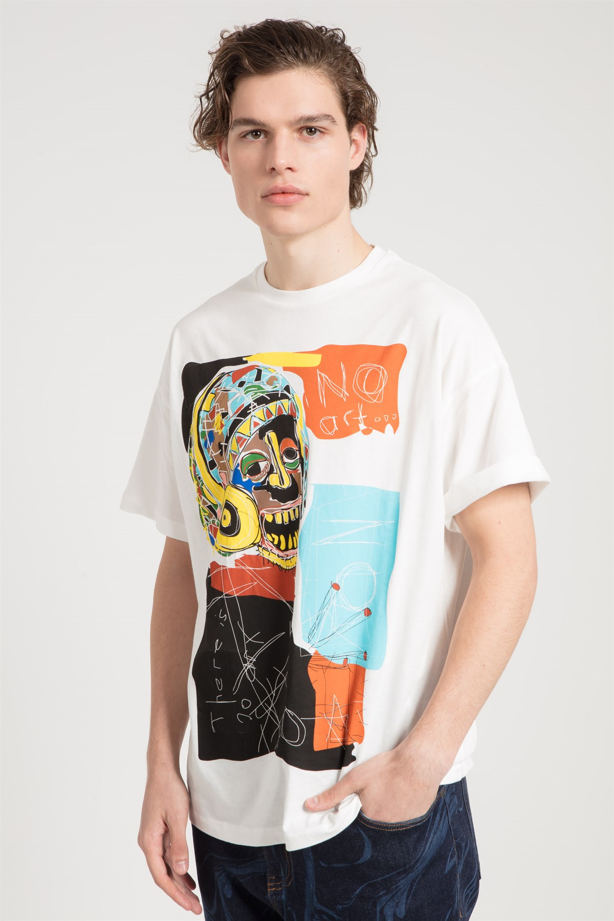 Özel Tasarım Ekspresyonist Baskılı Oversize Beyaz T-shirt