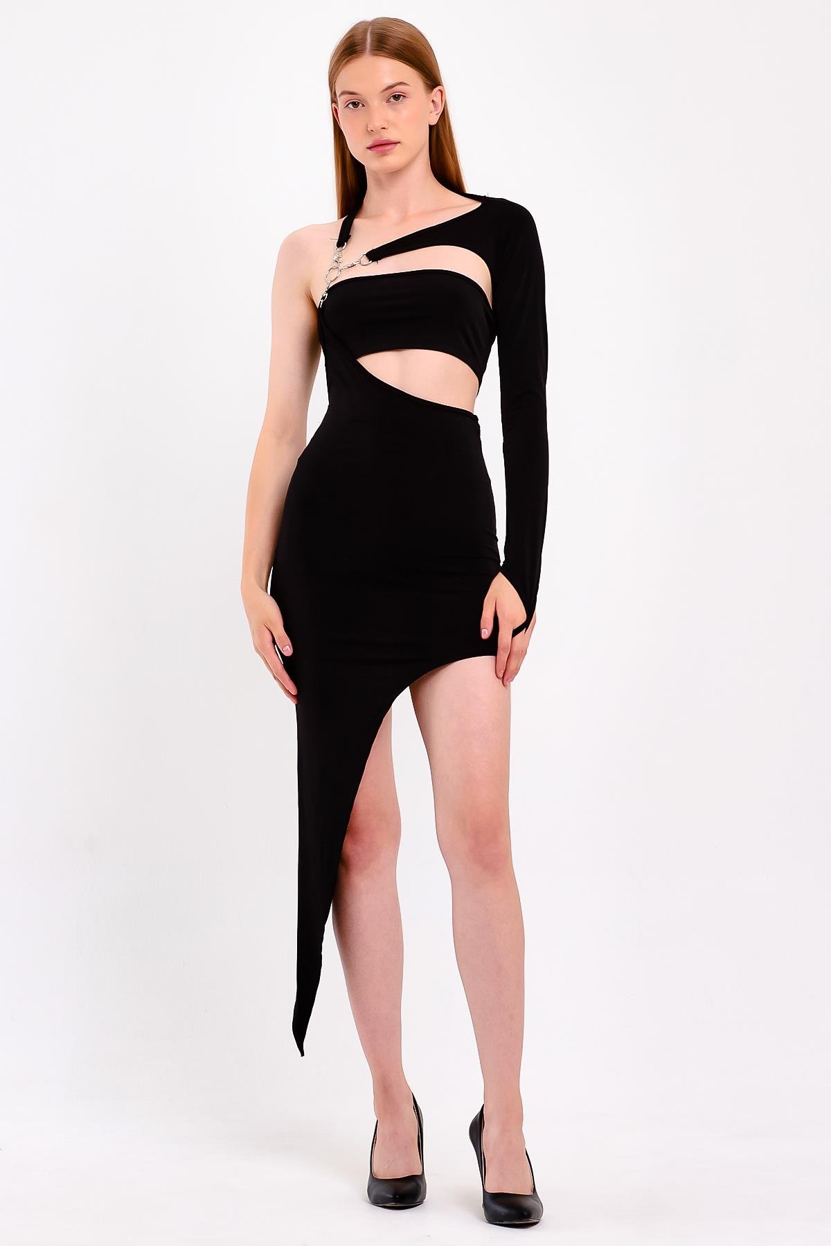 Parmak Geçmeli Asimetrik Kesim Siyah Elbise