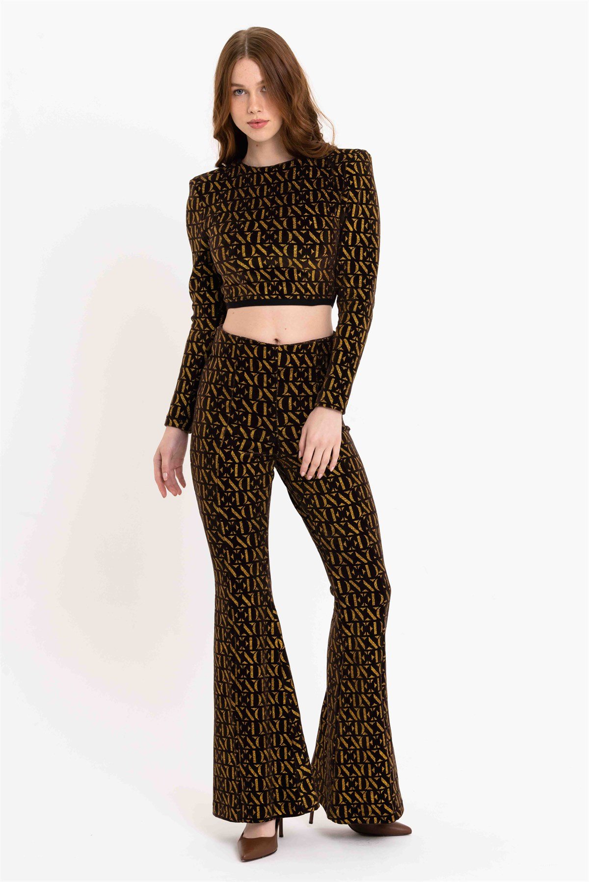 Yüksek Bel Kadife Simli İspanyol Paça Pantolon