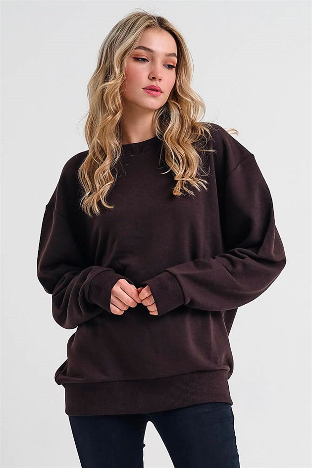 Basic Kahverengi Ekstra Oversize Kadın Sweatshirt