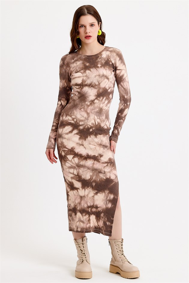 Batik Yıkamalı Kahverengi Örme Elbise