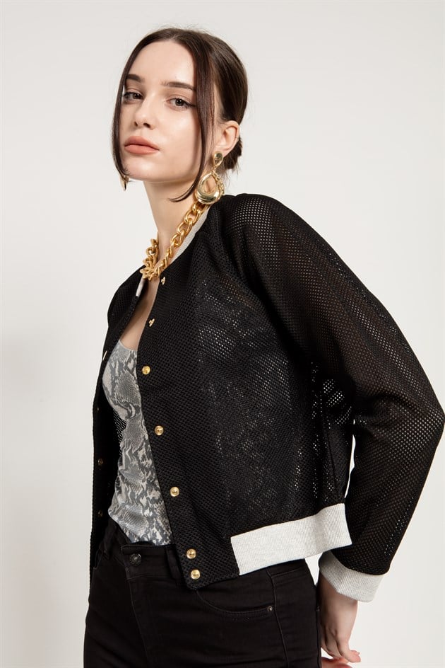 Crop Fit Siyah File Bomber Ceket