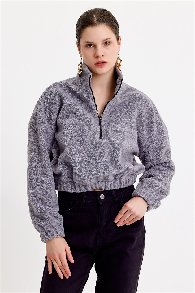 Dik Yaka Crop Fit Gri Kadın Peluş Sweatshirt