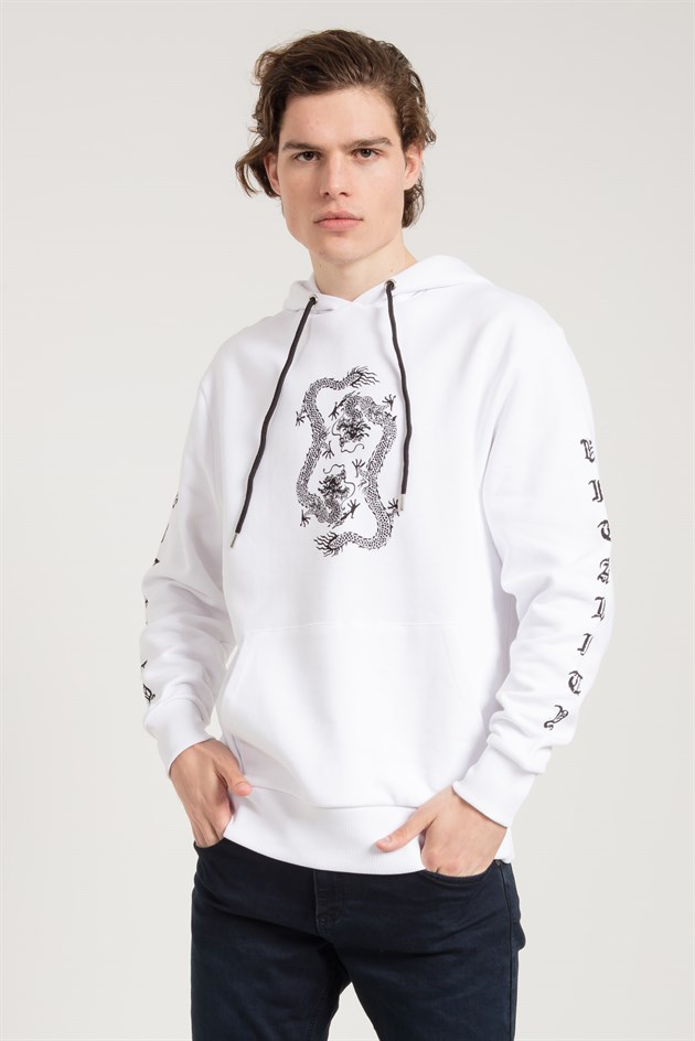 Dragon Baskılı Beyaz Oversize Erkek Sweatshirt