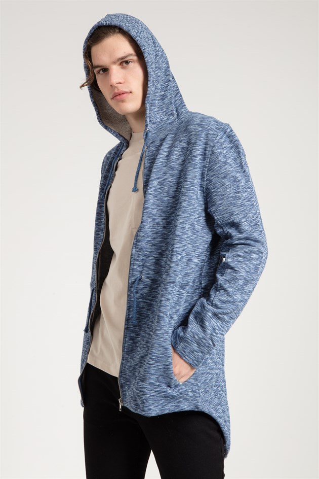 Fermuarlı Multi Mavi Erkek Kapüşonlu Sweatshirt