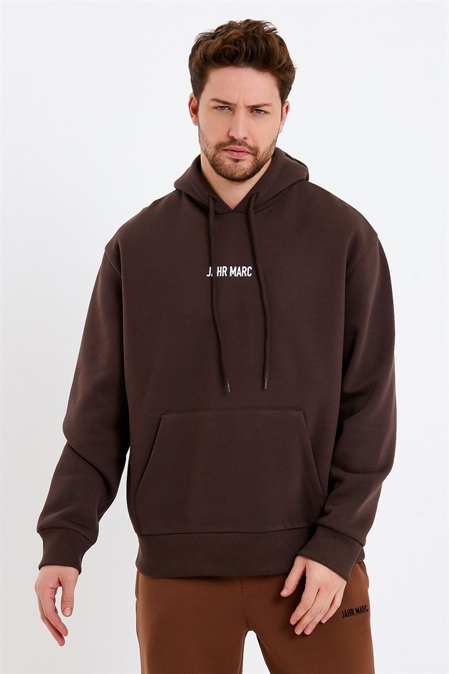 Koyu Kahverengi Baskılı Oversize Erkek Sweatshirt