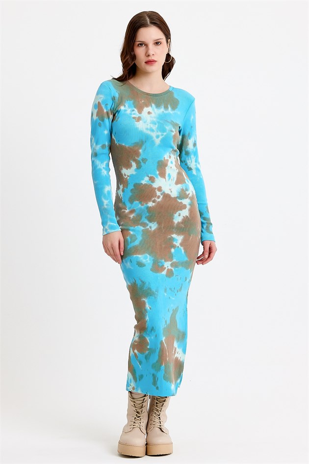 Mavi Batik Yıkamalı Yırtmaçlı Örme Elbise