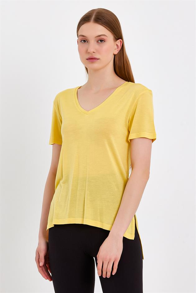 Sarı Basic V Yaka Kadın T-shirt