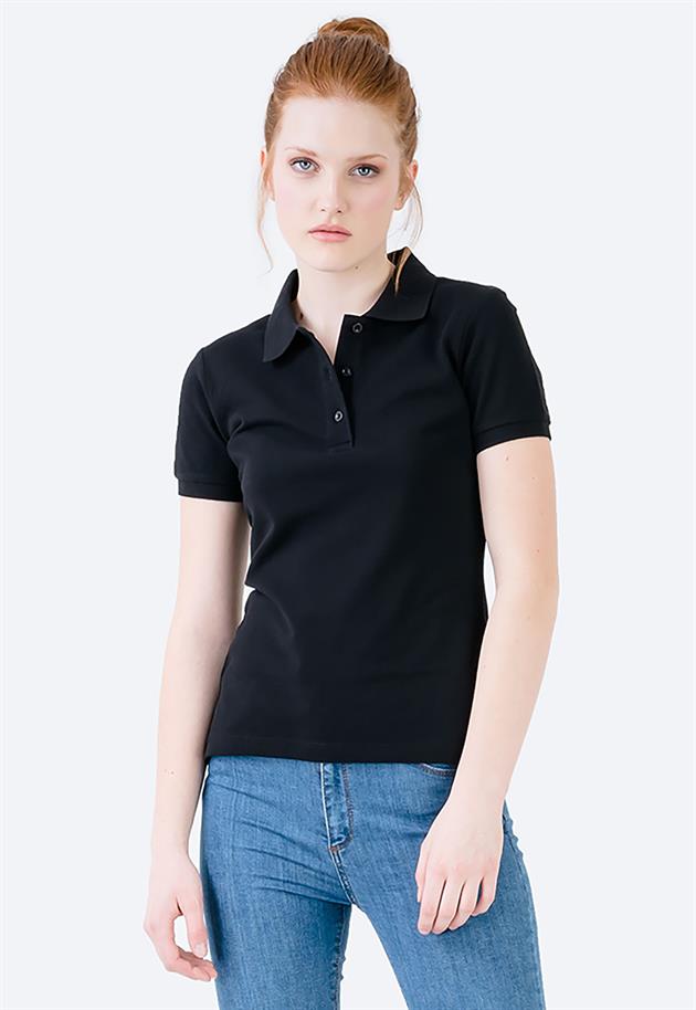 Siyah Klasik Düğmeli Kadın Polo Yaka T-shirt