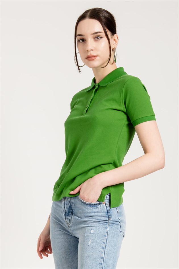 Yeşil Slim Fit Klasik Düğmeli Kadın Polo Yaka T-shirt