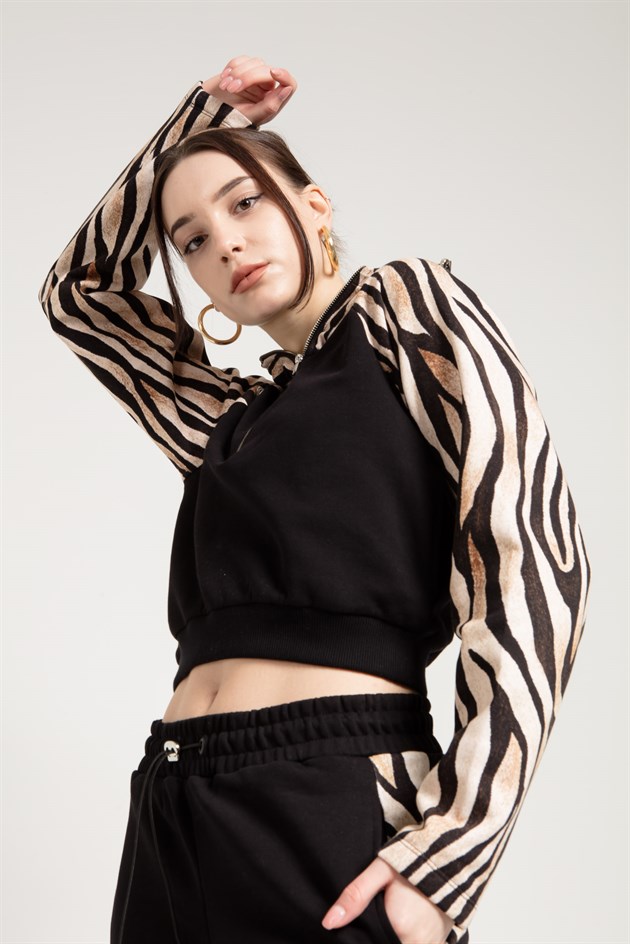 Zebra Desenli Siyah Kadın Sweatshirt