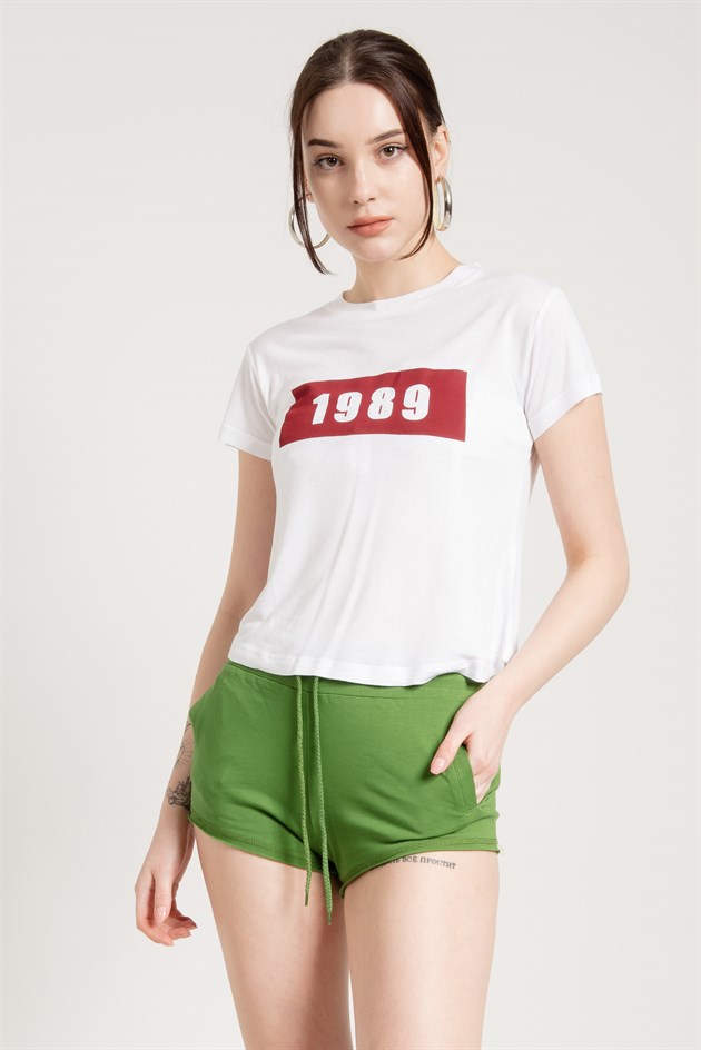 1989 Baskılı Beyaz Kısa Kadın T-shirt