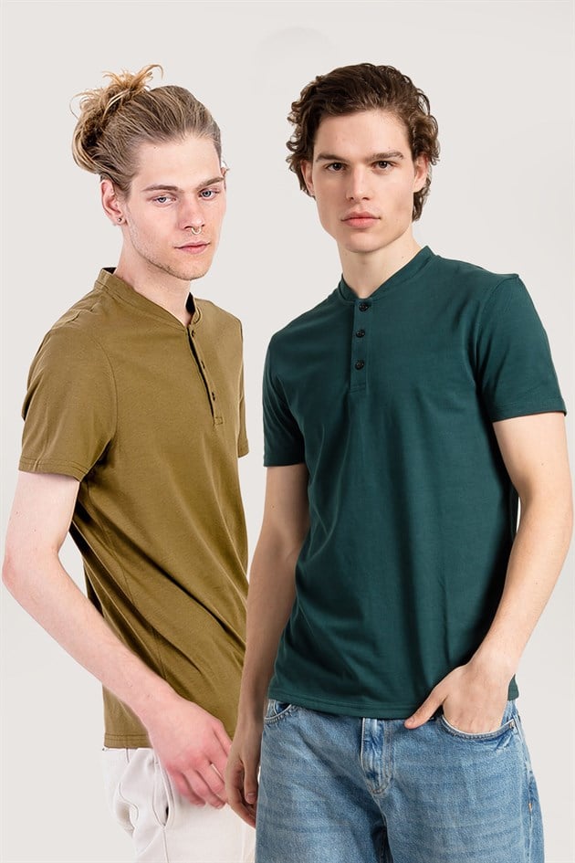 2'li Set Haki Yeşil Klasik Slim Fit Erkek T-shirt