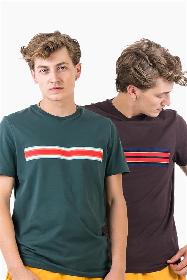 2'li Set Renkli Şeritli Erkek T-shirt