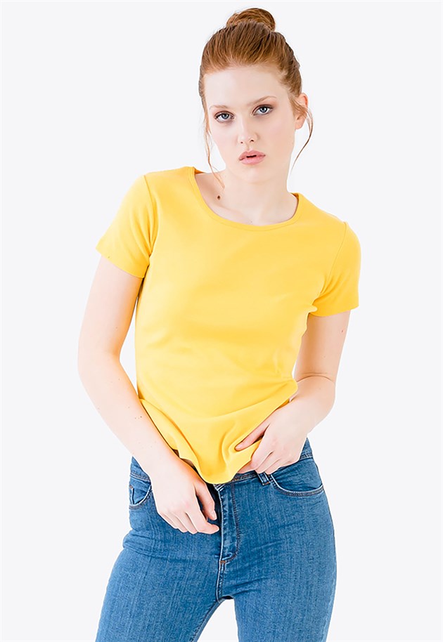 Basic Bisiklet Yaka Sarı Kadın T-shirt