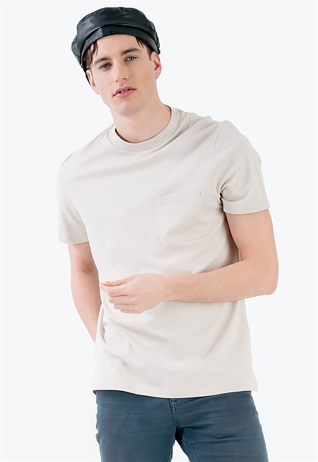 Plain T-shirt in Beige with Chest Pocket