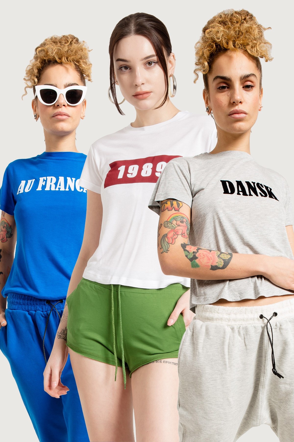 3'lü Set Baskılı Mavi Beyaz Gri Kadın T-shirt