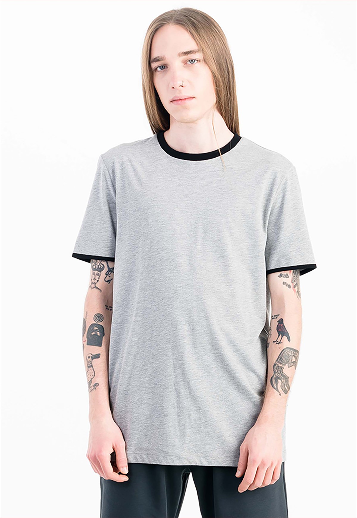 Arkası Baskılı Slim Fit Gri Erkek T-shirt