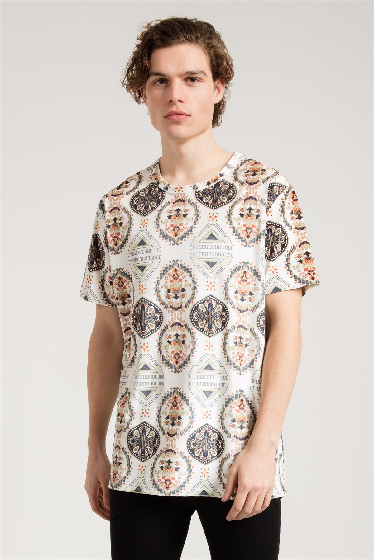 Aztec Print Velvet T-shirt in Beige