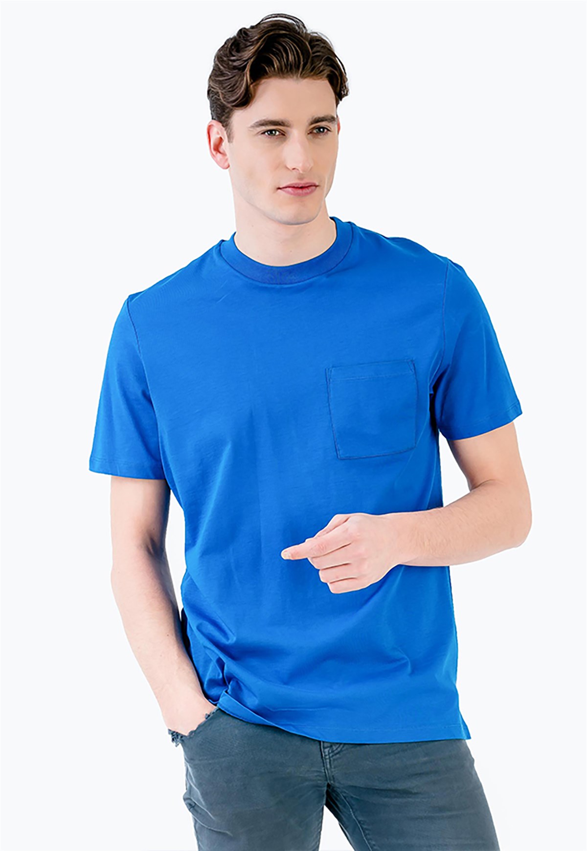 Basic Önü Cepli Mavi Erkek T-shirt