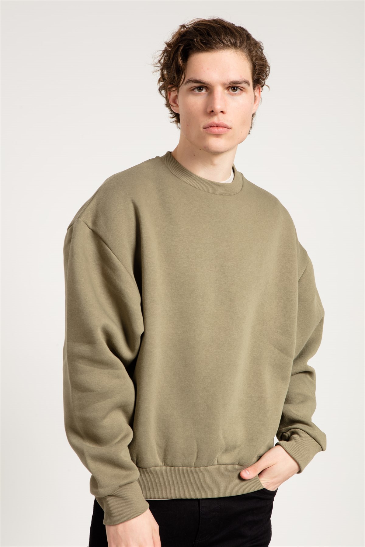 Basic Oversize Haki Erkek Sweatshirt