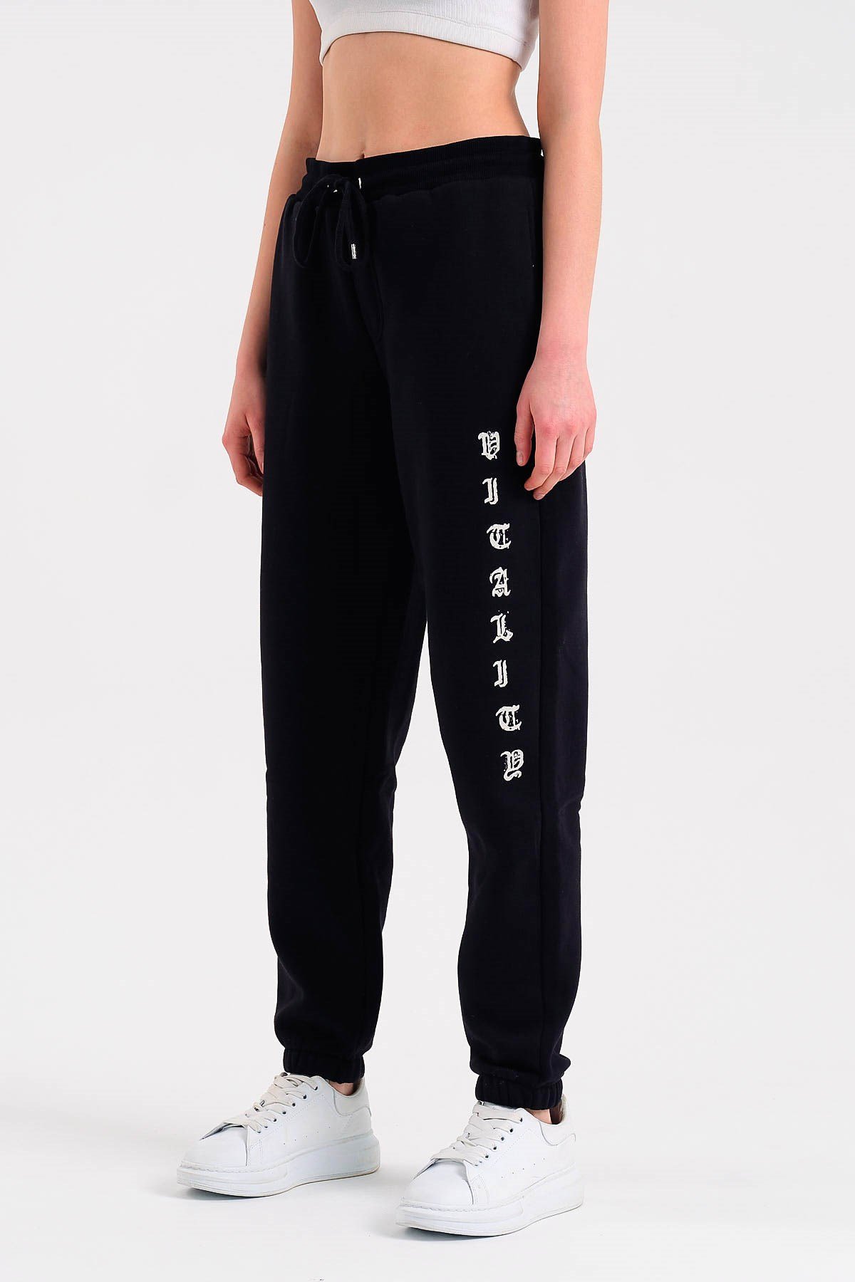 Baskılı Oversize Siyah Kadın Eşofman Altı