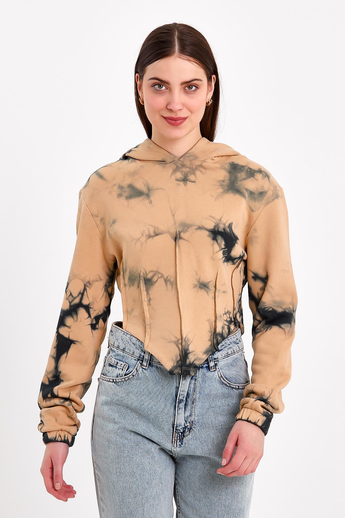 Batik Yıkamalı Korse Detaylı Kahverengi Crop Fit Sweatshirt