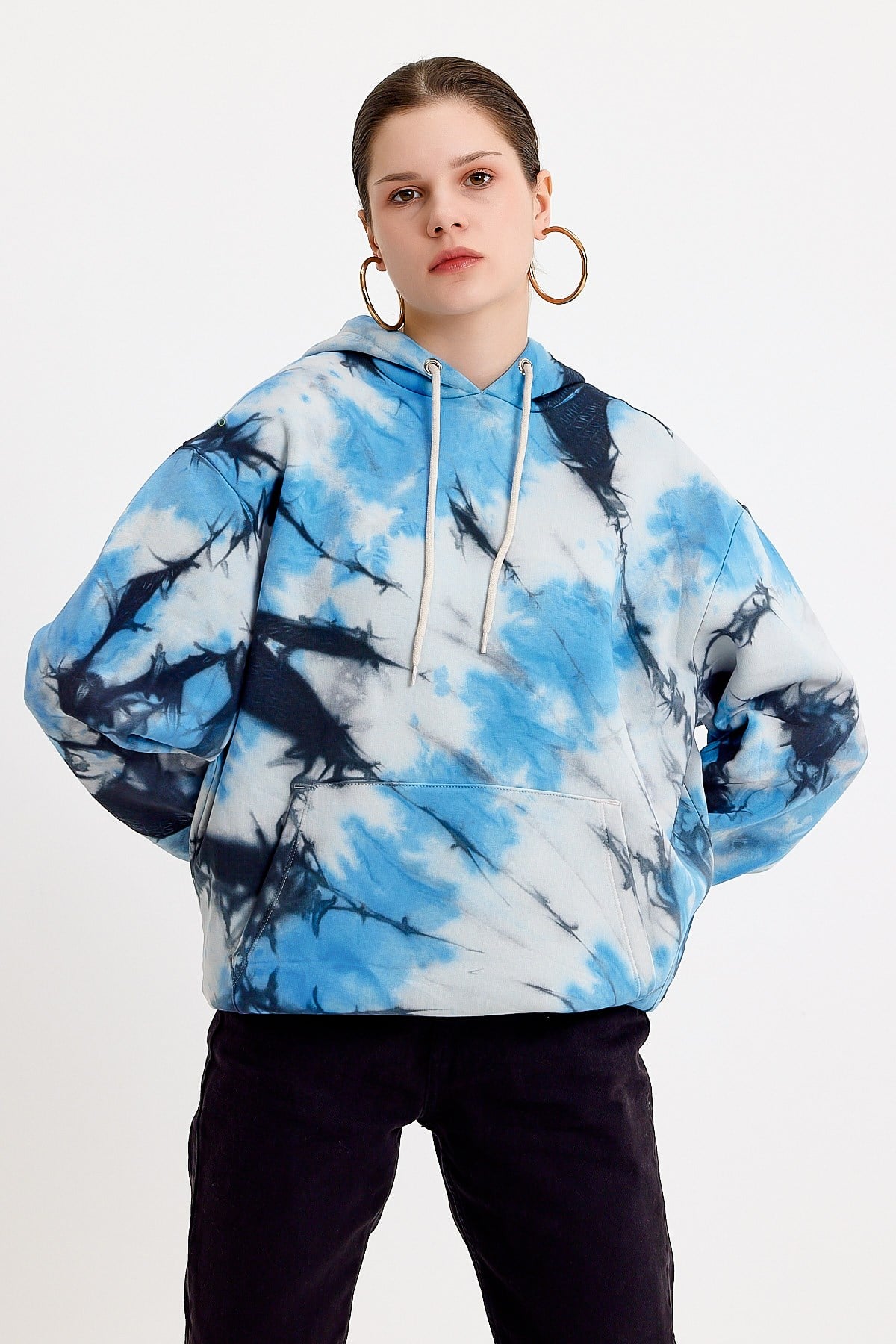 Batik Yıkamalı Mavi Oversize Kapüşonlu Kadın Sweatshirt