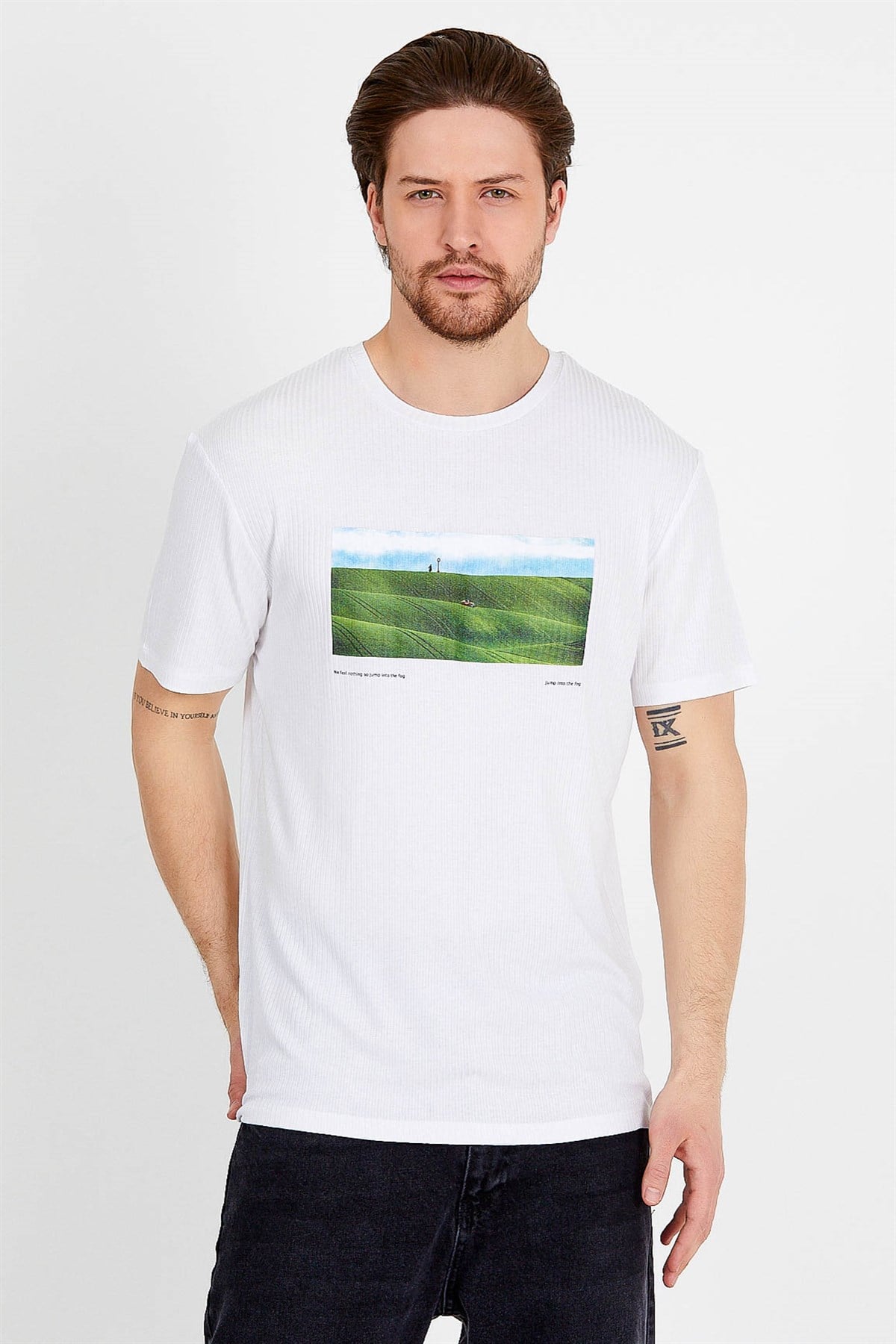 Beyaz Baskılı Basic Erkek T-shirt