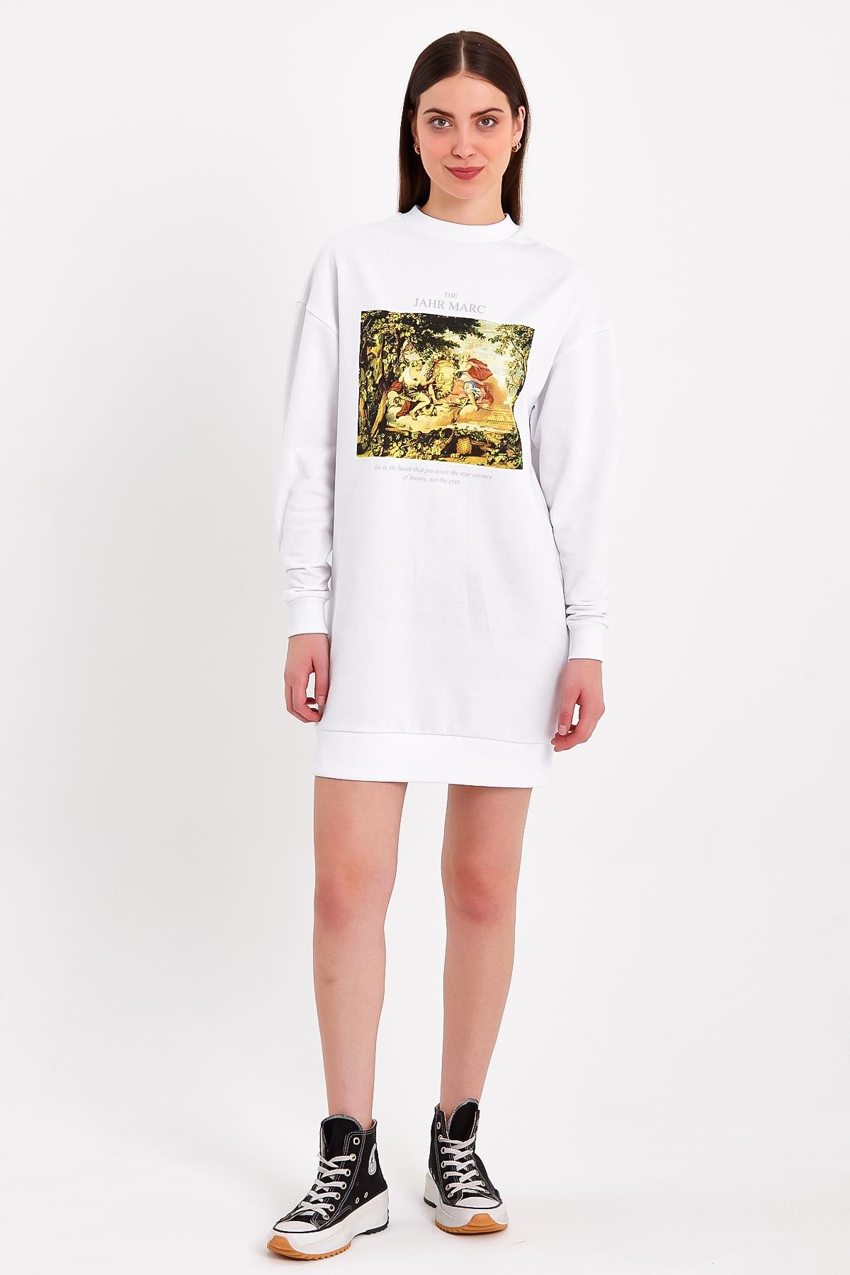 Beyaz Baskılı Mini Kadın Elbise