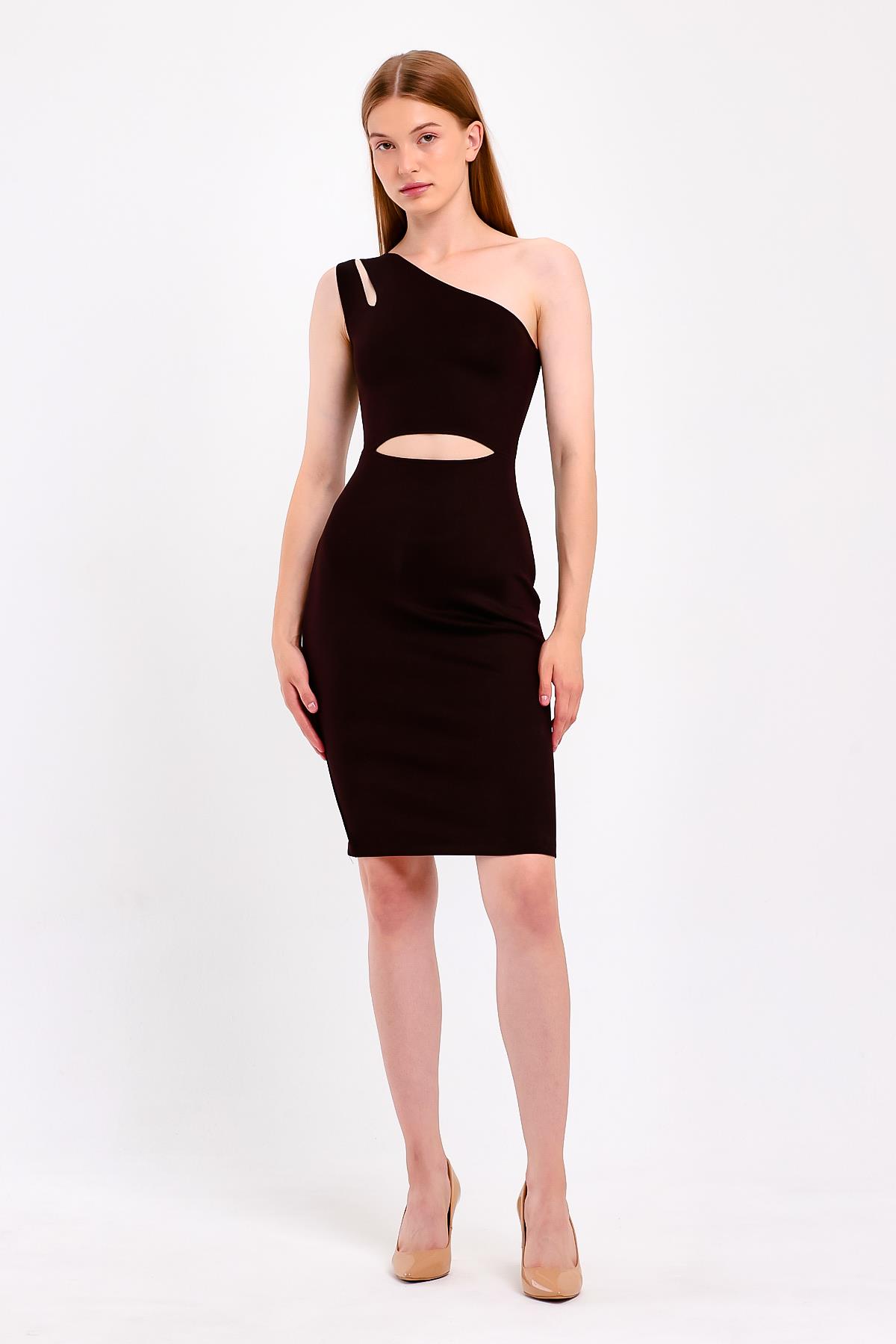 Bordo Yansımalı Cut Out Siyah Elbise