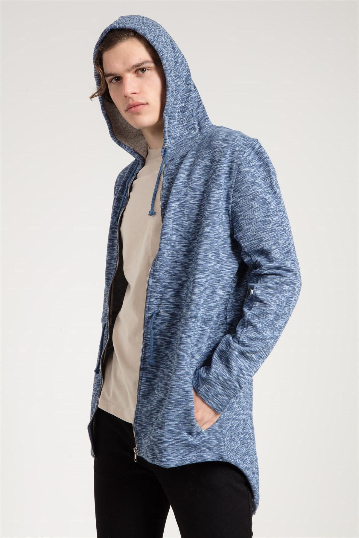 Zipped Hoodie in Multi Blue with Side Pockets