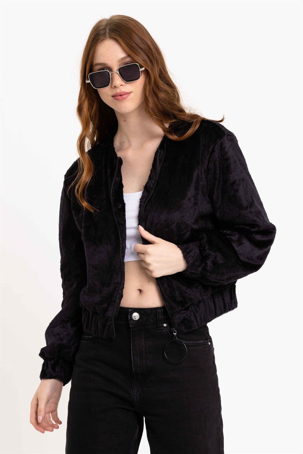 Fermuarlı Siyah Kadın Suni Kürk Ceket