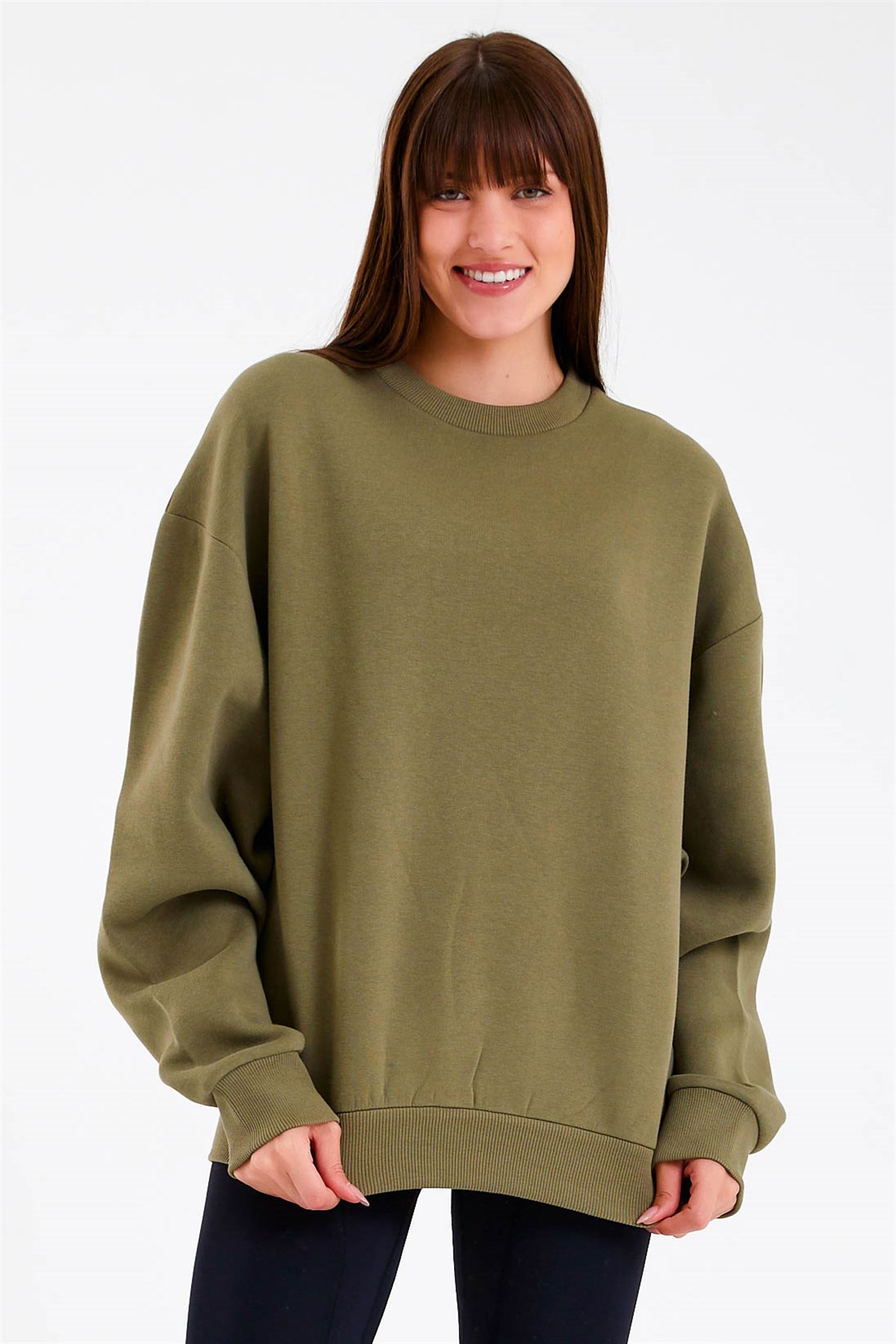 Haki Renk Basic Oversize Kadın Sweatshirt