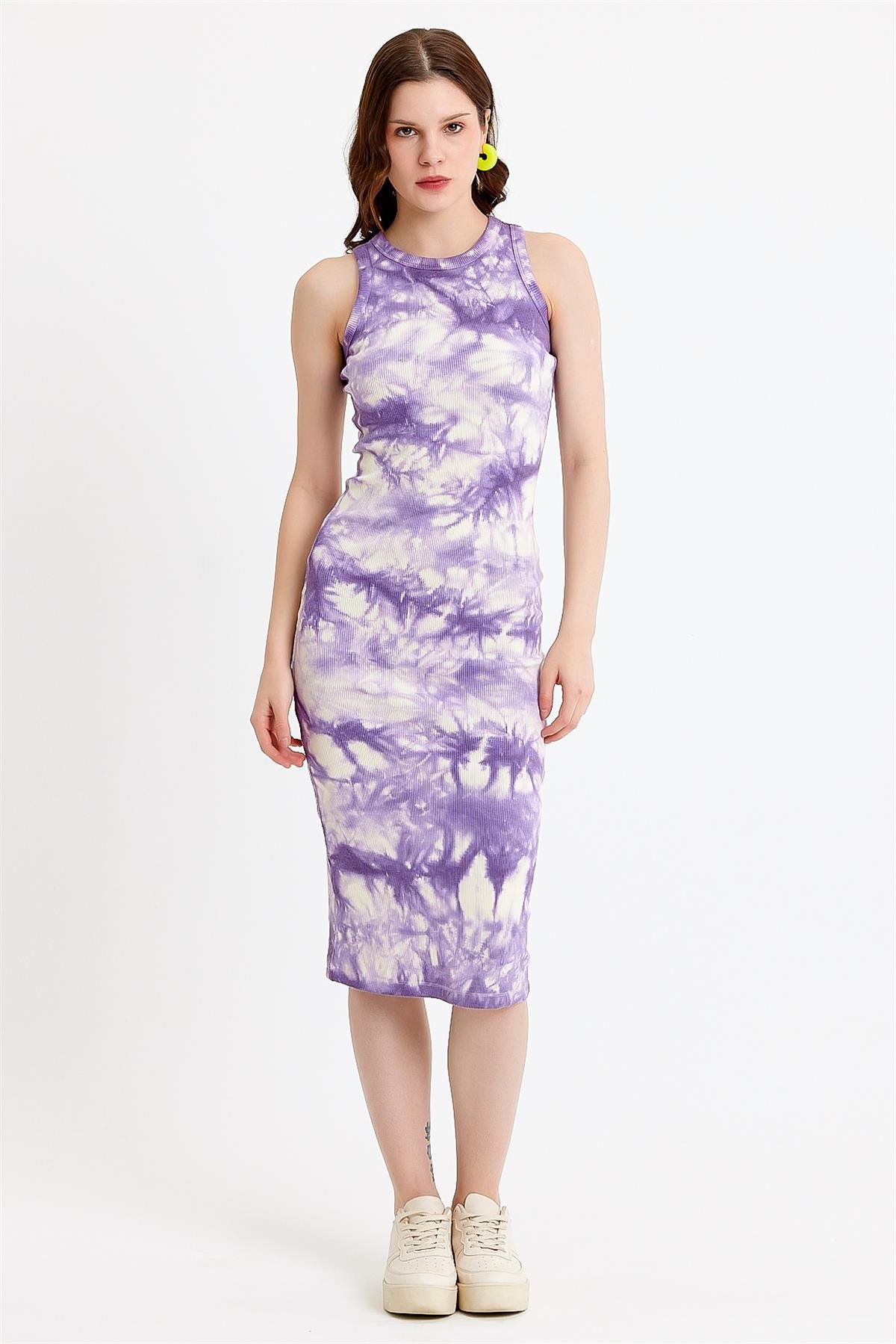 Batik Baskılı Sıfır Kol Mor Bodycon Elbise