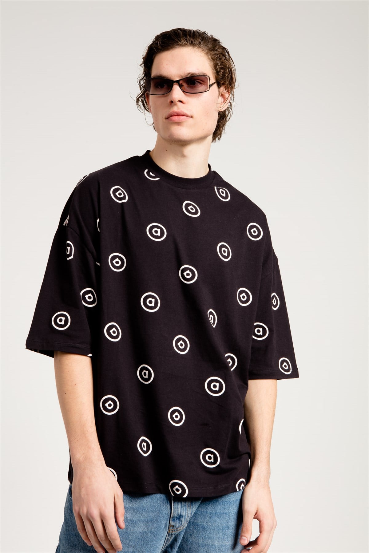 Oversized T-shirt with All-over Print in Black 
