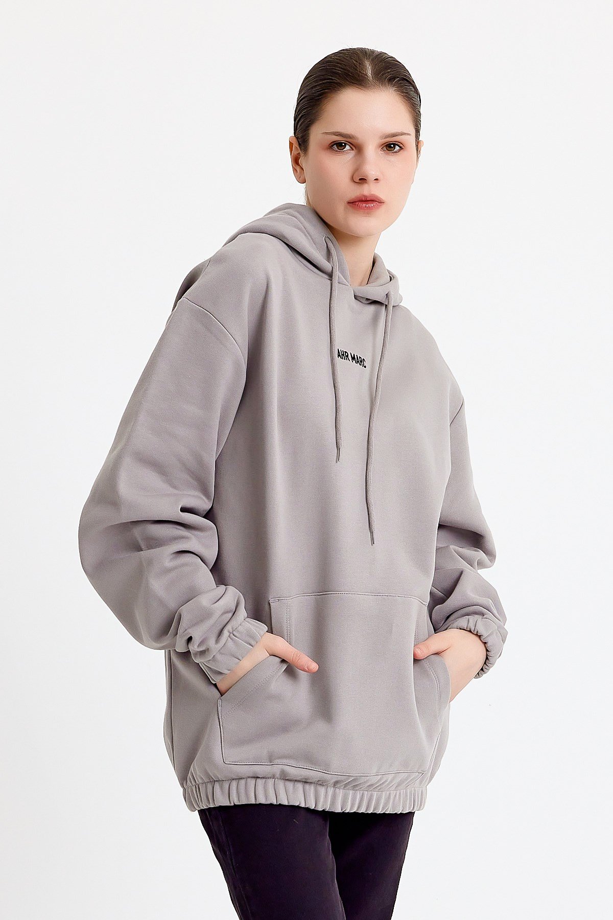 Nakışlı Oversize Açık Gri Kapüşonlu Kadın Sweatshirt