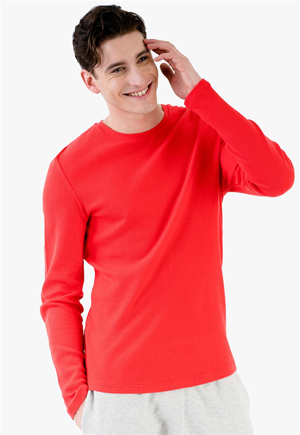 Neon Kırmızı Uzun Kollu Yazlık Erkek T-shirt