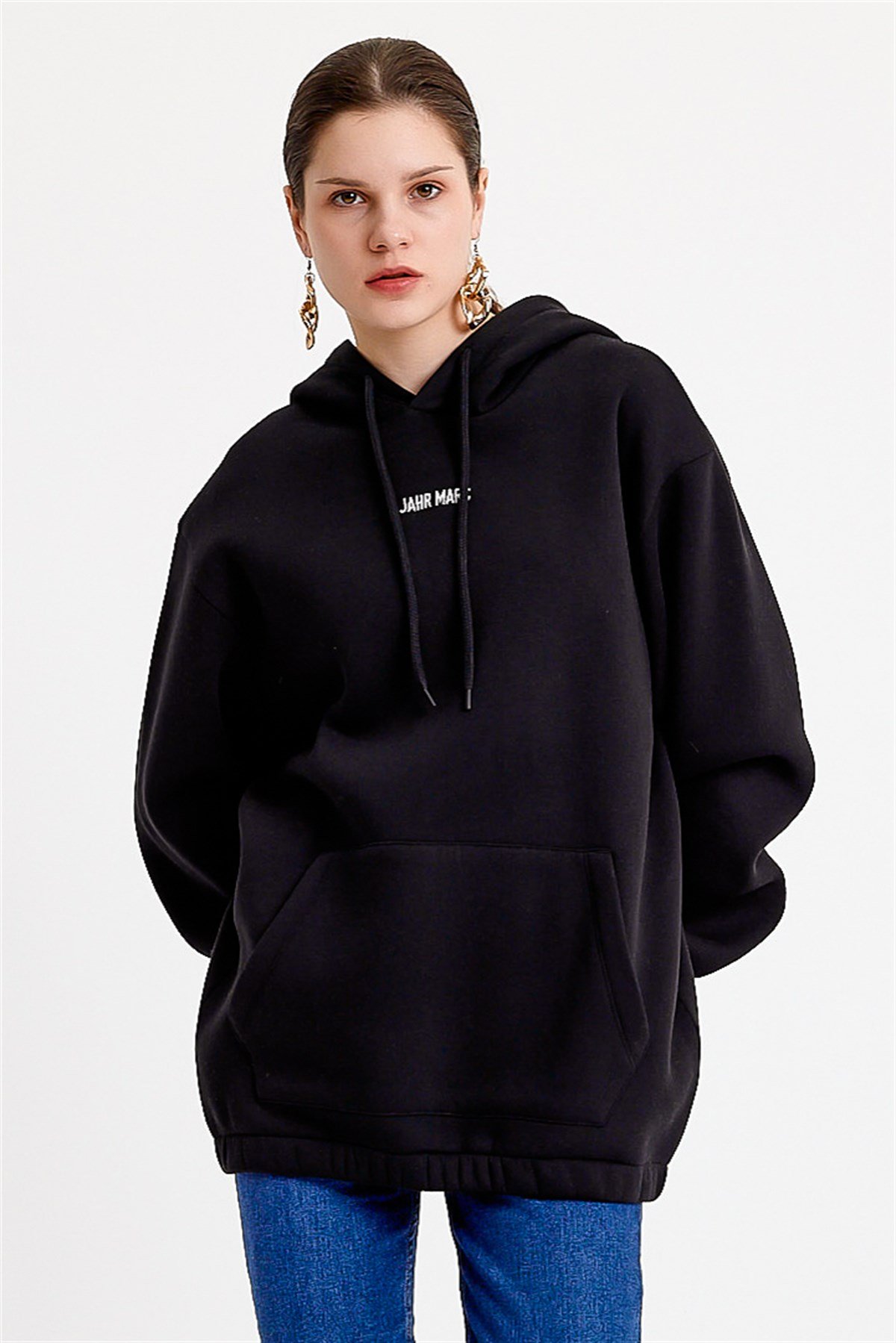 Oversize Nakışlı Siyah Kadın Sweatshirt