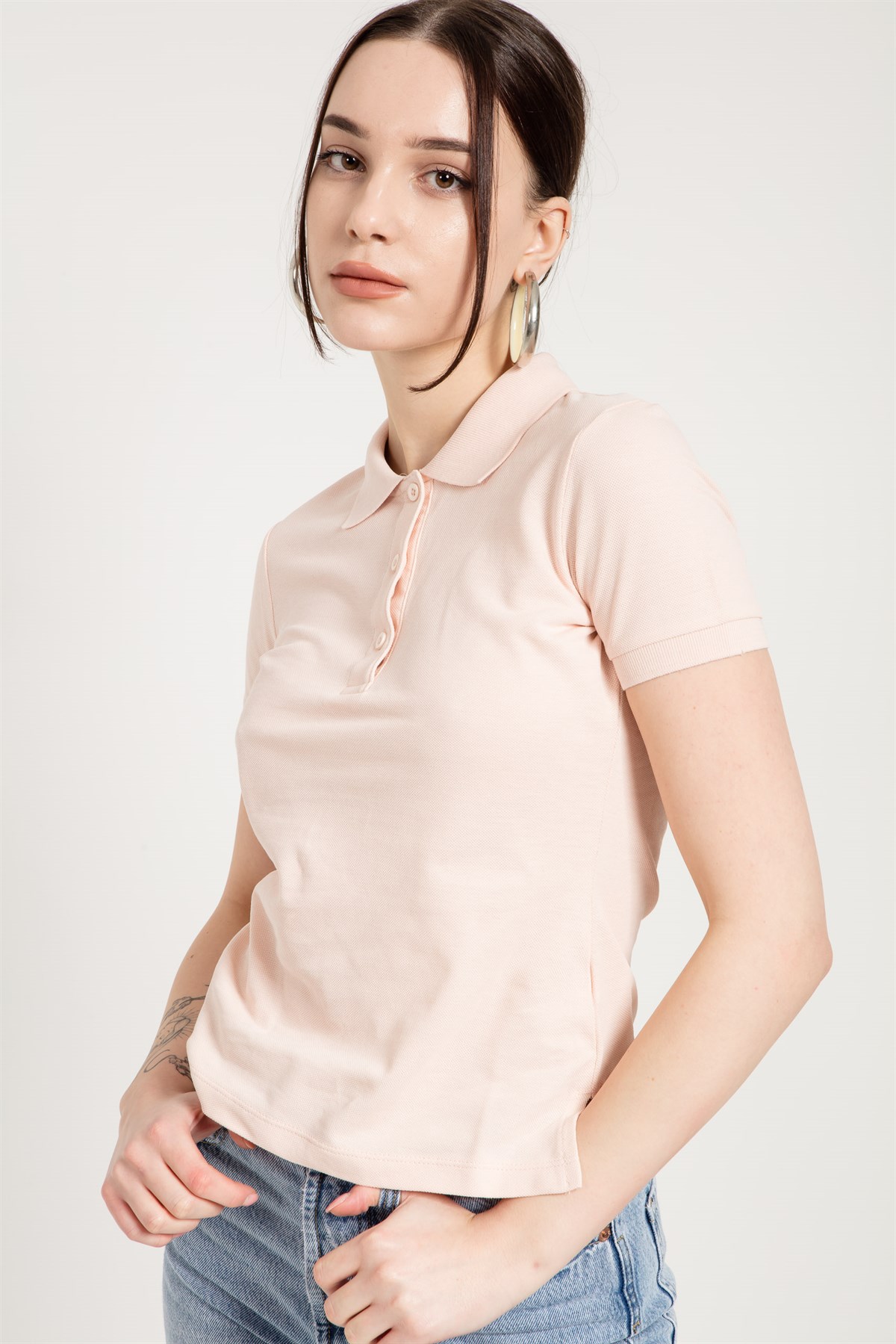 Fitted Polo T-shirt in Pink with Split Sides