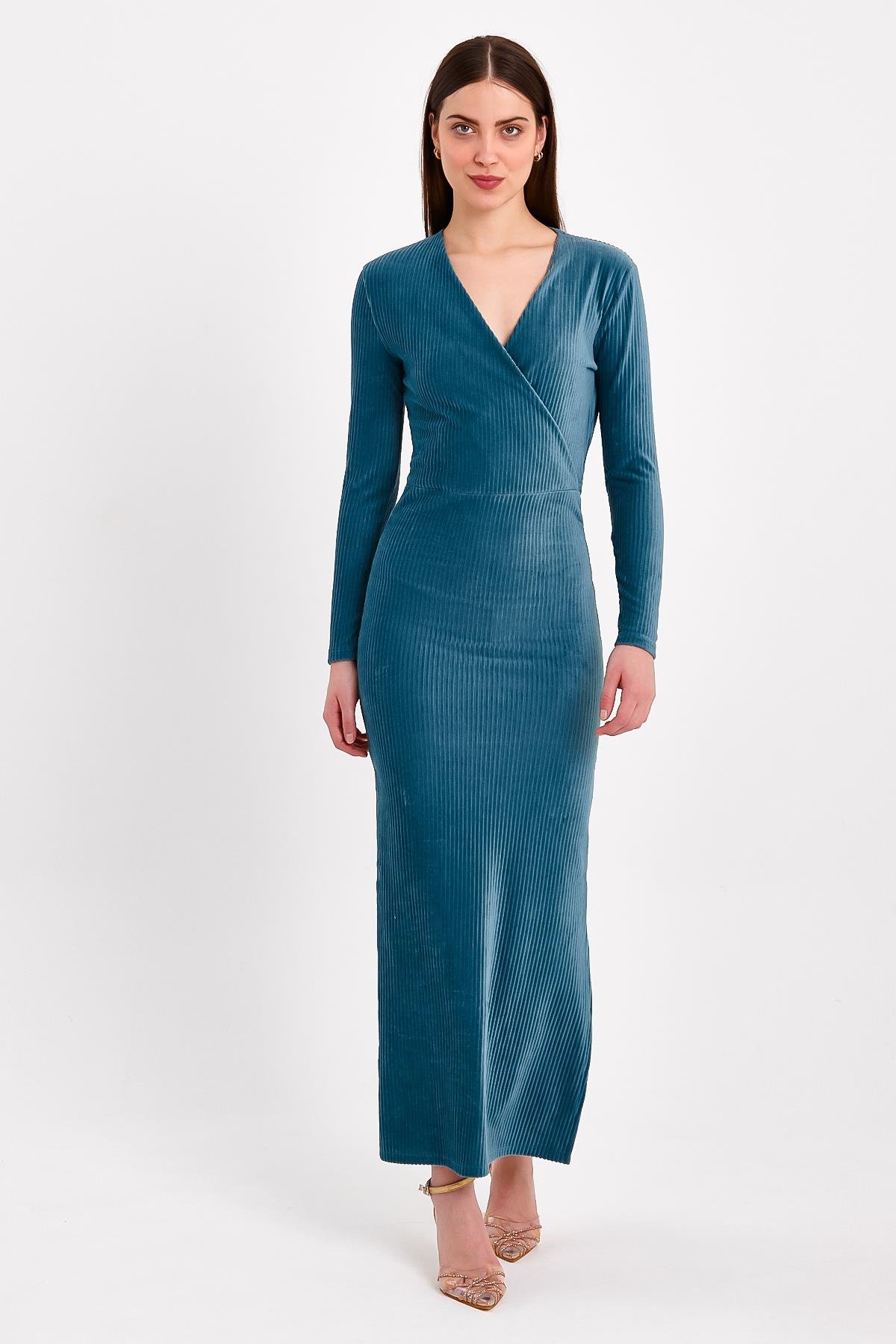 Petrol Mavisi Yırtmaçlı Kruvaze Yaka Elbise