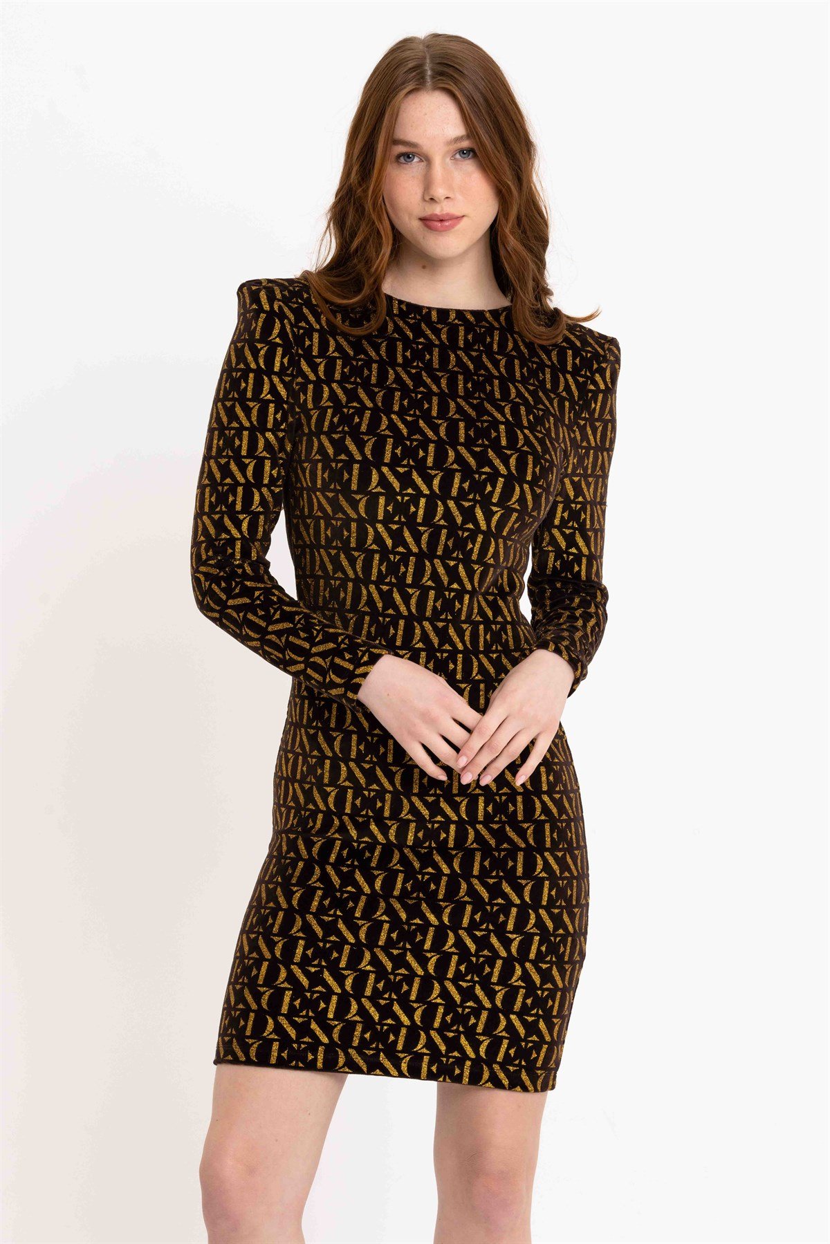 Simli Baskılı Vatkalı Siyah Kadife Elbise