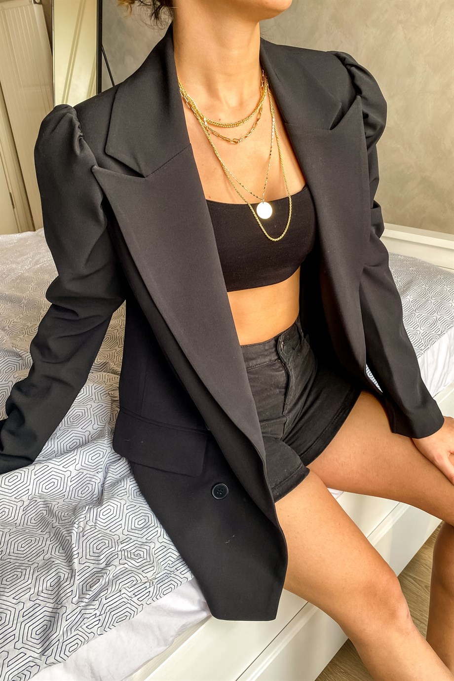 Siyah Oversize Balon Kollu Blazer