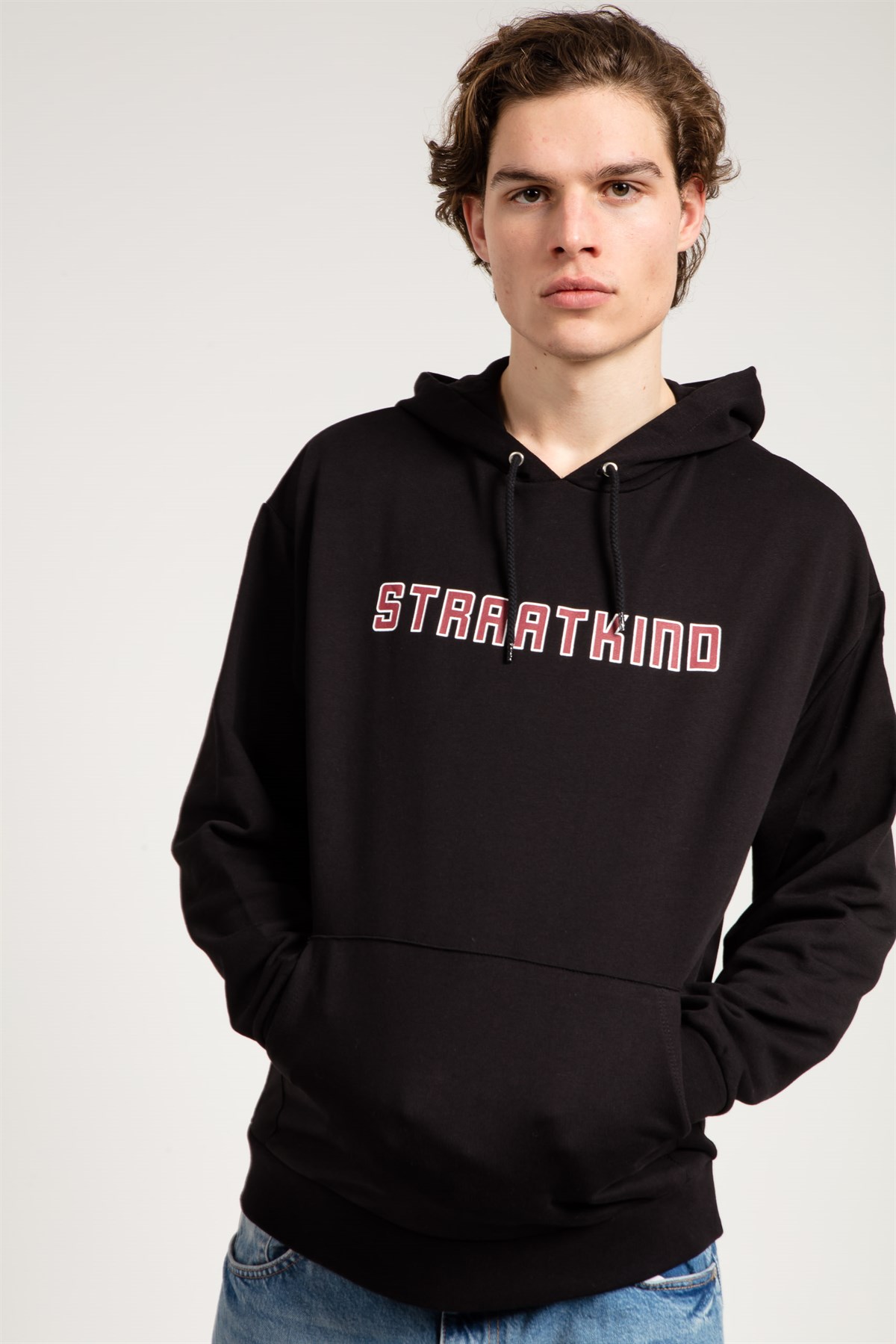 Oversized Printed Hoodie in Black with Pouch Pocket