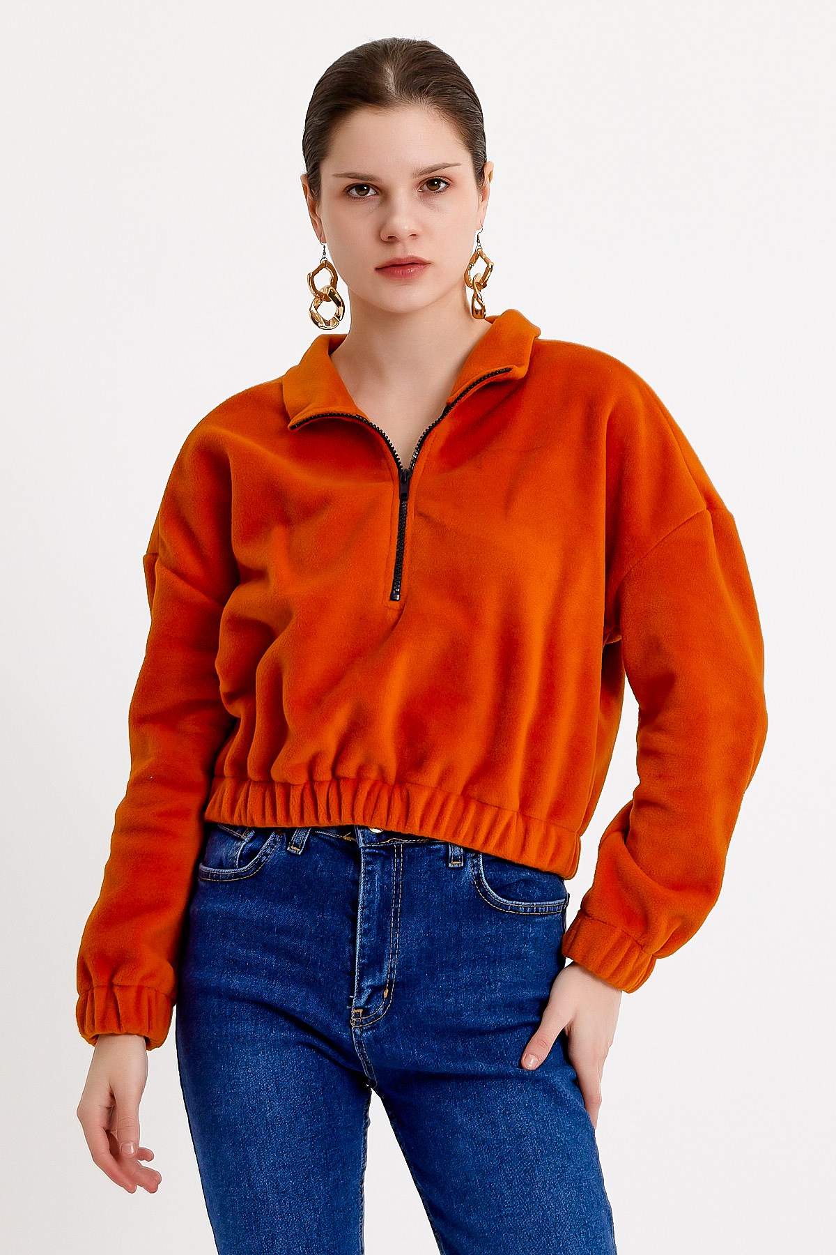 Turuncu Dik Yaka Crop Fit Peluş Sweatshirt